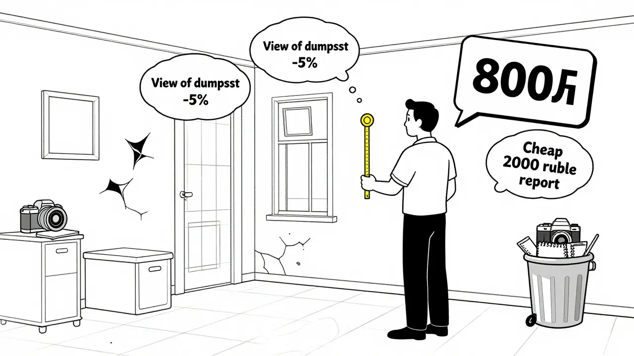 Оценщик измеряет квартиру, а вокруг него всплывают факторы, влияющие на цену: этаж, вид, инфраструктура.