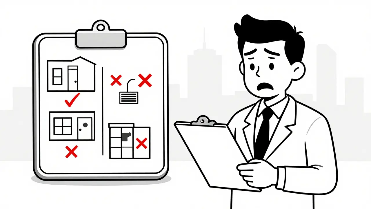 Оценщик сравнивает легальную и нелегальную планировку квартиры на весах, вокруг — красные знаки запрета.