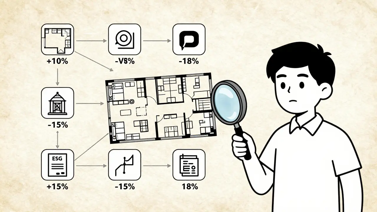 План квартиры с маркерами, показывающими влияние этажа, вида и инфраструктуры на цену.