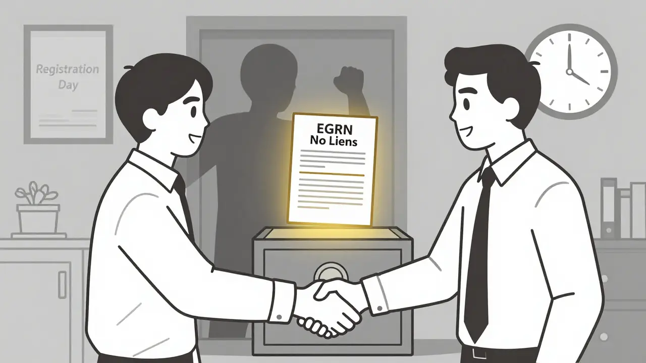 Покупатель и продавец передают деньги через банковскую ячейку, над ними — выписка из ЕГРН без обременений.