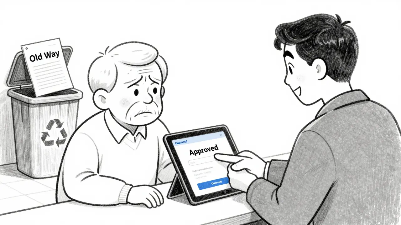 Пожилой человек получает помощь в МФЦ при подаче заявления онлайн.