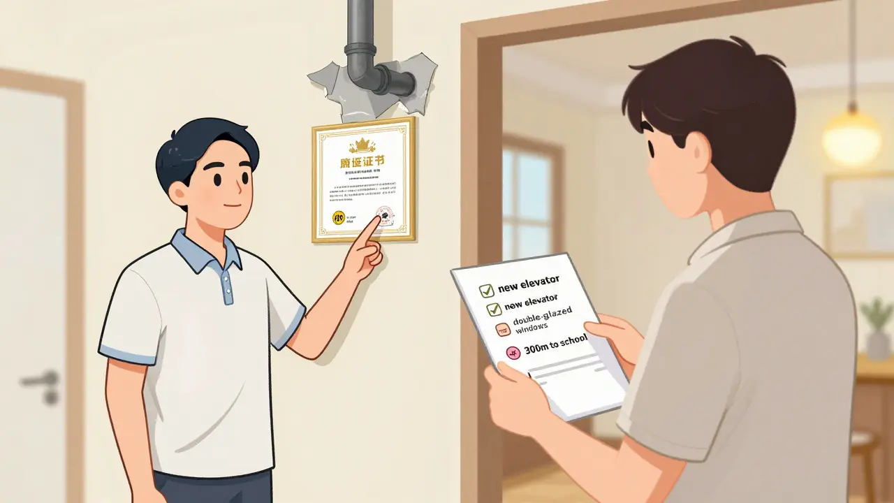 Продавец демонстрирует документы о ремонте и ключевые преимущества квартиры.