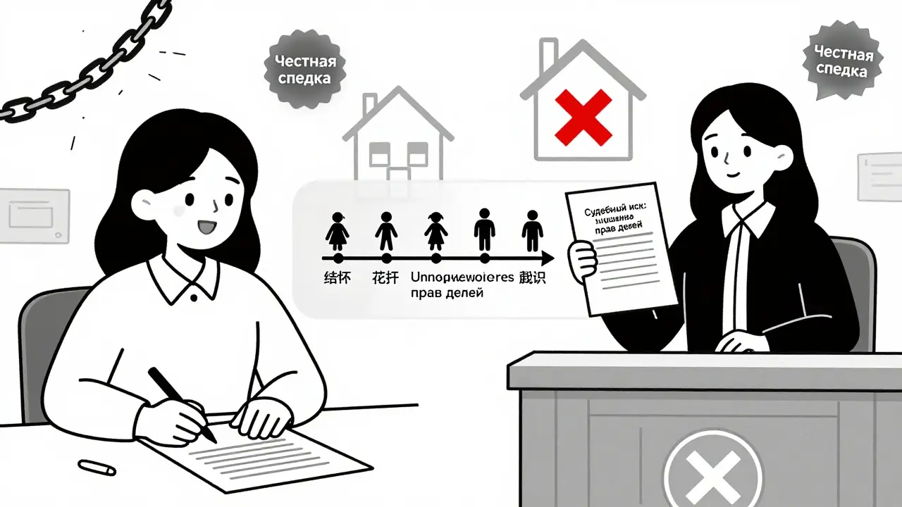Разделенная сцена: покупка квартиры и последующий судебный иск из-за прав детей.