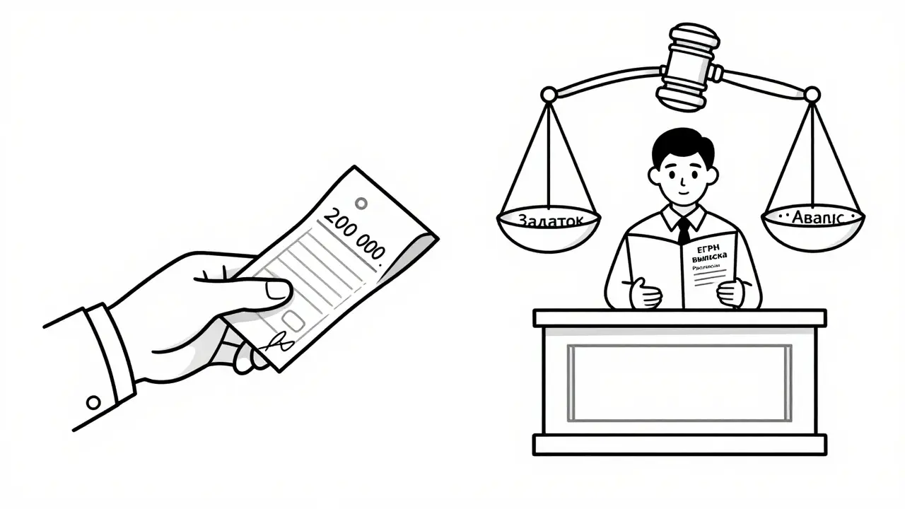 Разделённая сцена: расписка наличными и судебное разбирательство с документами