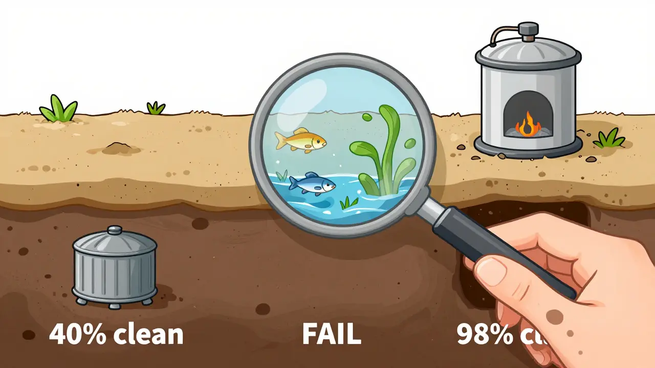 Разрез грунта с тремя типами систем очистки: неудачная, проваленная и эффективная.