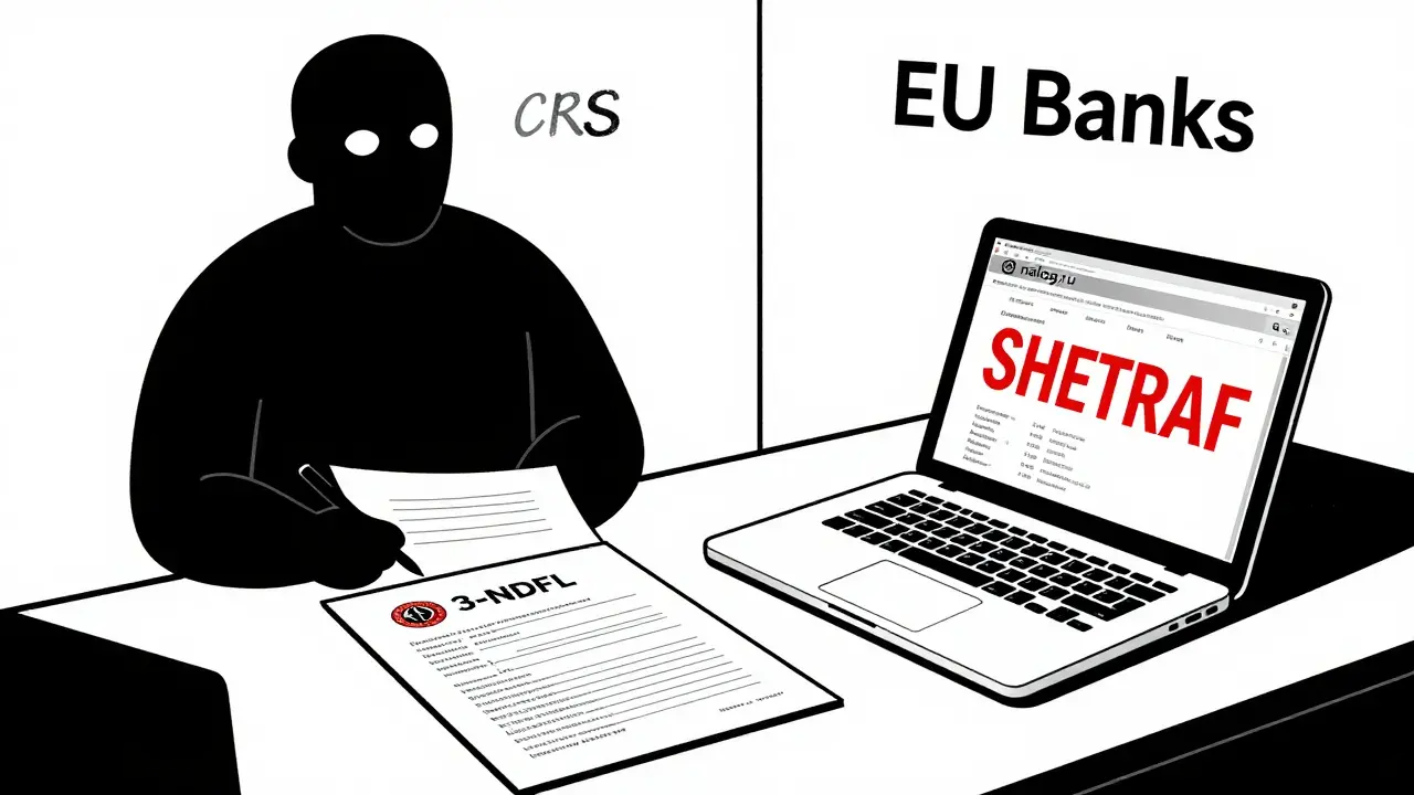 Россиянин подает декларацию 3-НДФЛ с заверенными документами, за спиной — система CRS.