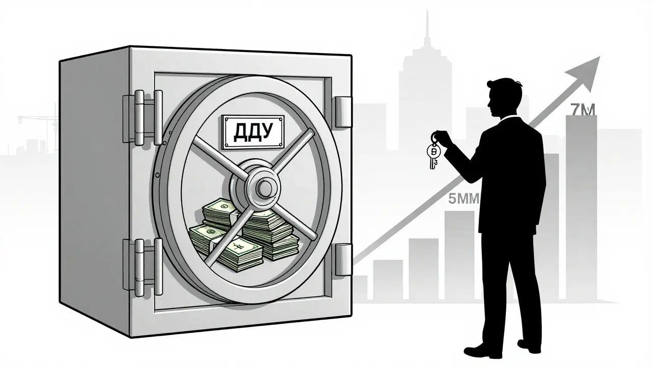 Сейф с деньгами, но график роста цен обрезан — эскроу защищает только вложенные средства.