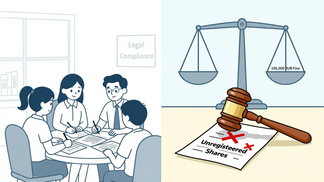 Семья оформляет доли детям в МФЦ, справа — угроза штрафа за несвоевременное выделение долей.