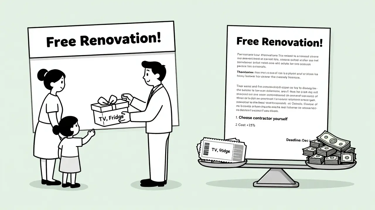 Семья подписывает договор с подарками, но скрытые условия показывают скрытые расходы.