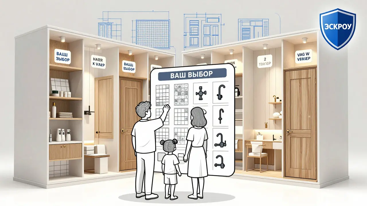 Семья выбирает отделку квартиры, рядом — защита эскроу-счета.