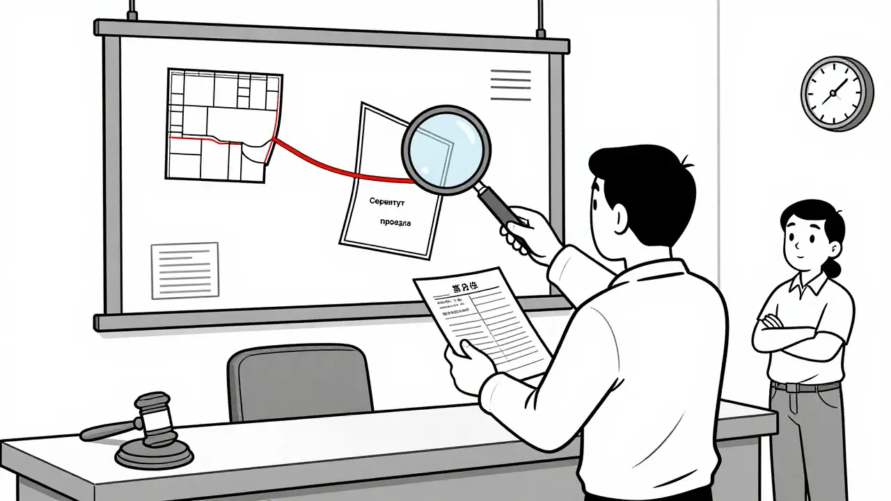 Судебное заседание: мужчина представляет план сервитута судье, сосед с недовольным выражением.