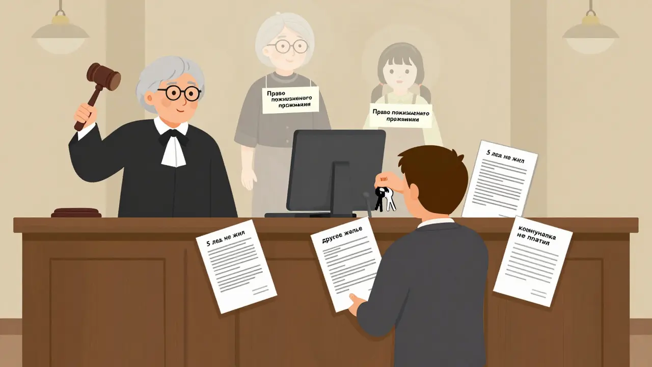 Судебное заседание: новый собственник против двух лиц с правом пожизненного проживания.