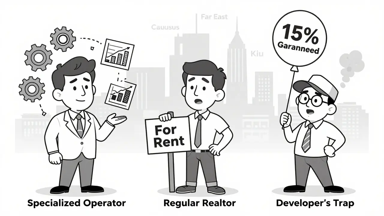 Три типа управляющих компаний: профессионал, риелтор и застройщик-обманщик в стиле карикатуры.