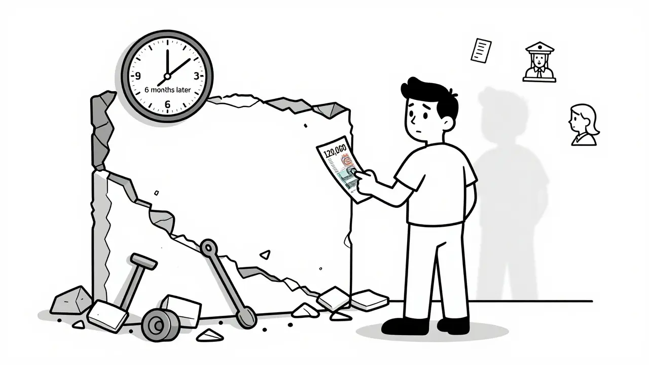 Владелец платит за узаконивание перепланировки, вокруг — мусор и призрак исчезнувшей стены, часы показывают долгий процесс.