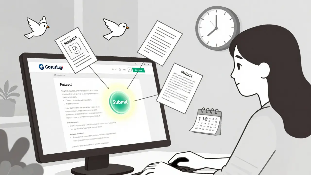 Женщина подает заявление на Госуслугах, документы летят вокруг нее, процесс оформления в цифровом виде.