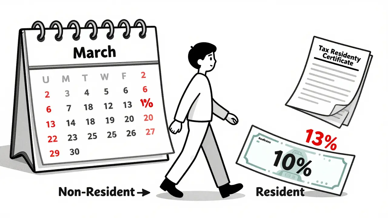 Человек переходит из статуса нерезидента в резидента в марте, налог снижается с 30% до 13%.