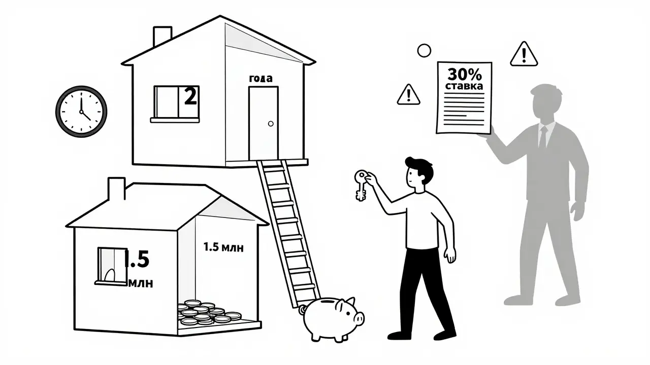 Человек стоит у маленькой комнаты, лестница ведёт к большей квартире, часы показывают 2 года.