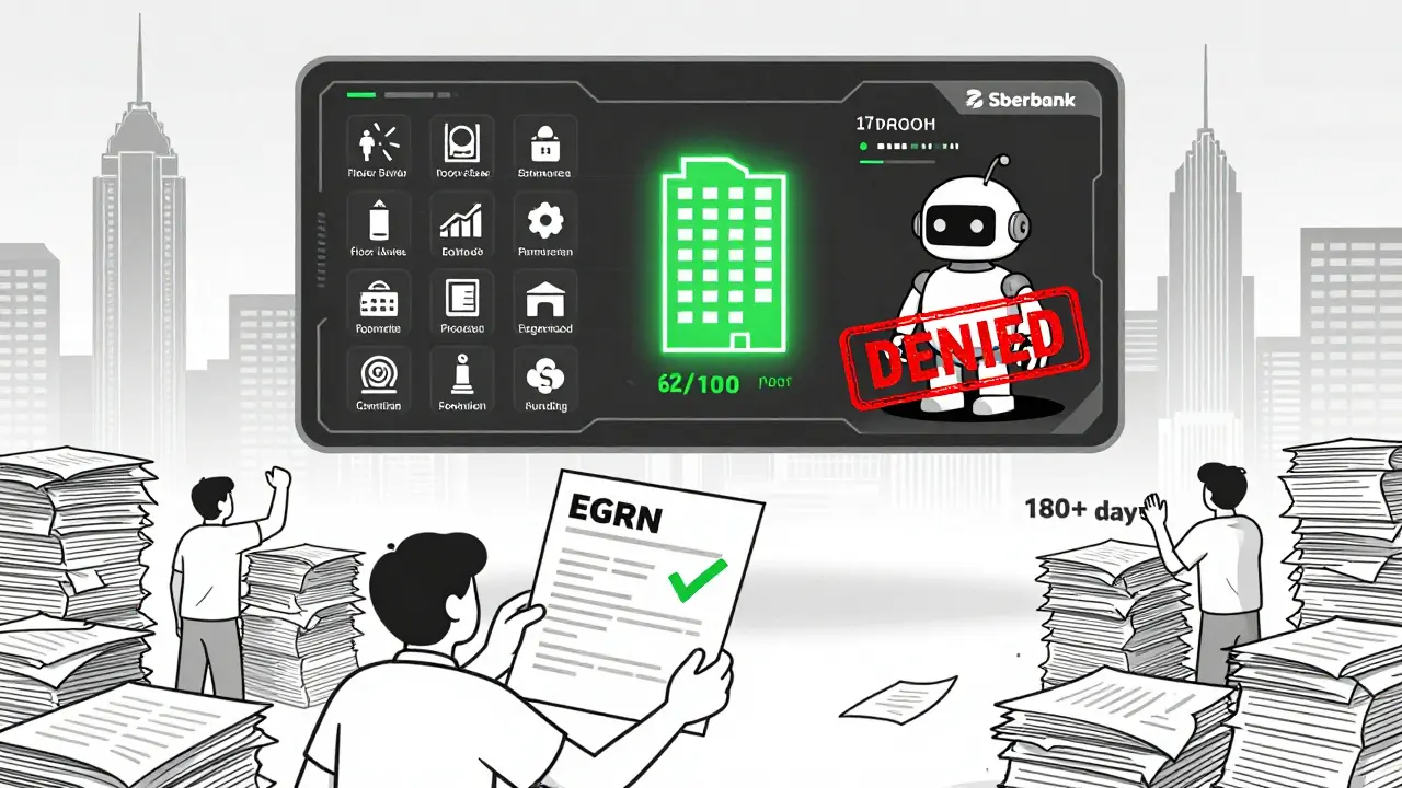 Цифровая панель оценивает квартиру по 17 параметрам, банк отказывает, но человек держит выписку ЕГРН с зелёной галочкой.