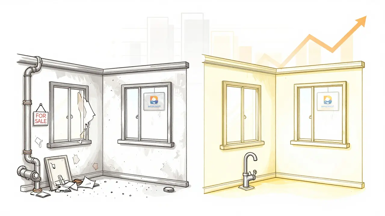 До и после ремонта: слева — грязная квартира, справа — отремонтированная с золотым светом и одобрением банка.