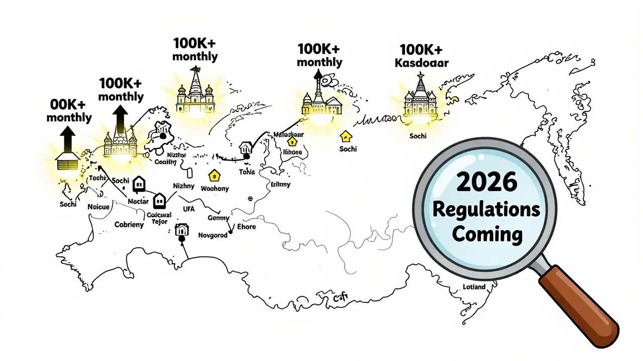 Карта России с горячими точками краткосрочной аренды и предупреждением о новых законах 2026 года.