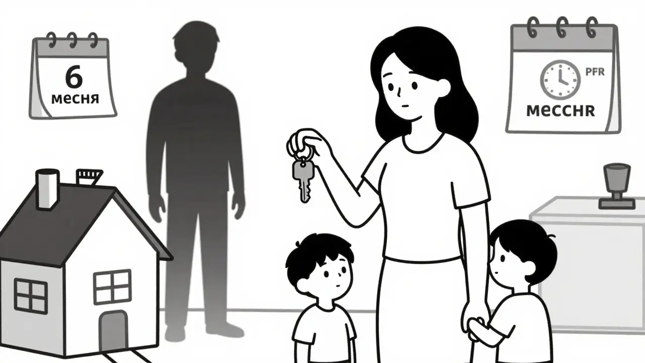 Мать с детьми держит ключ от дома, бывший супруг отступает, рядом — календарь с шестью месяцами.