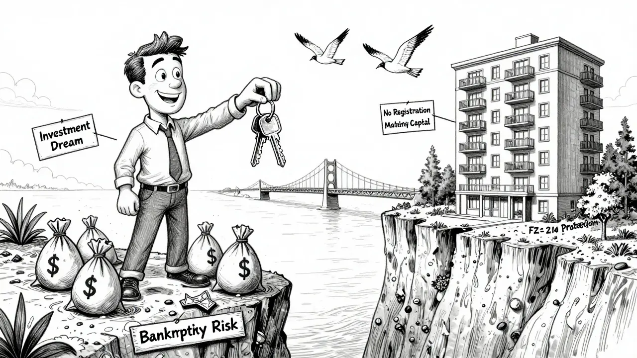 Мужчина на краю пропасти с деньгами, ведущей к банкротству, в линейной иллюстрации