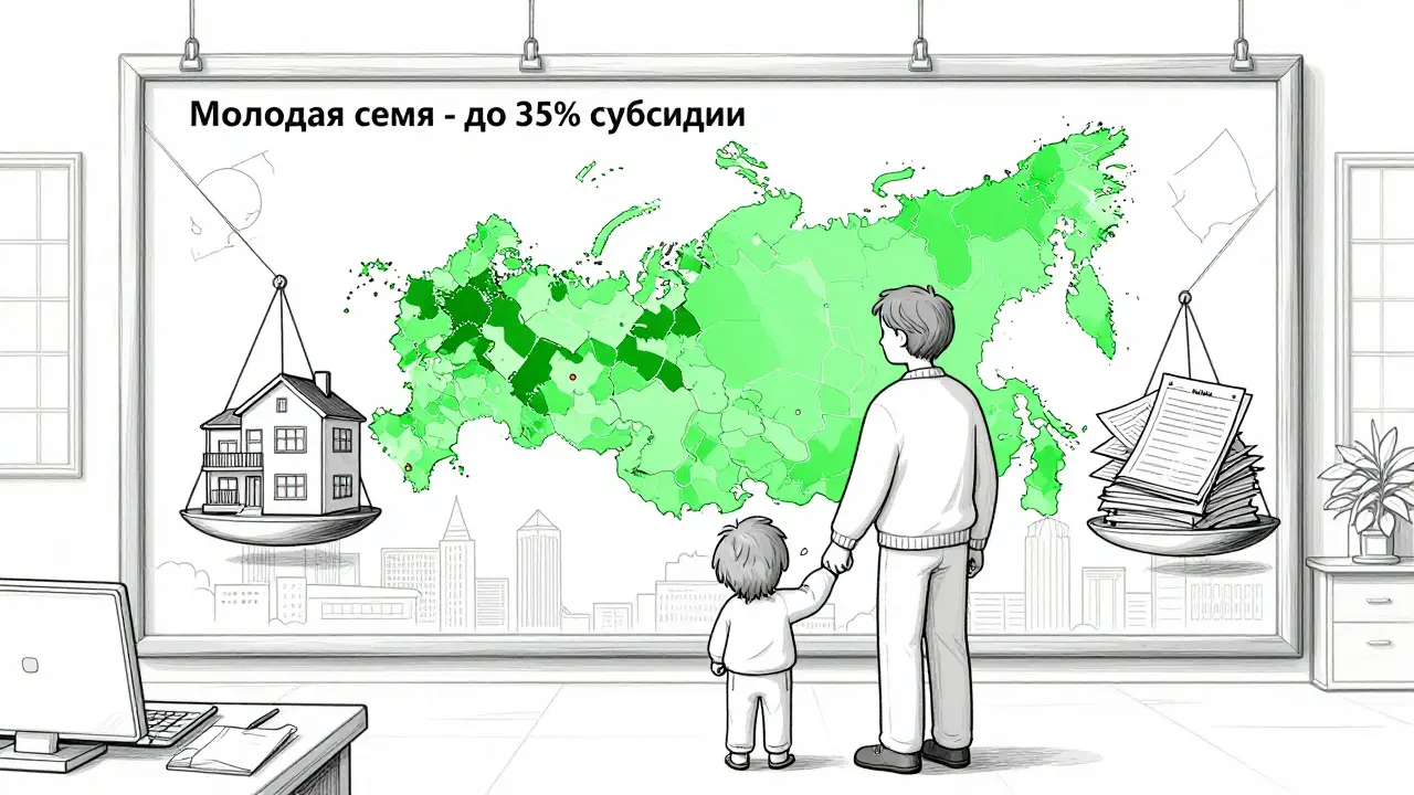 Одинокий родитель в офисе, рядом карта с льготными зонами и документы на весах.