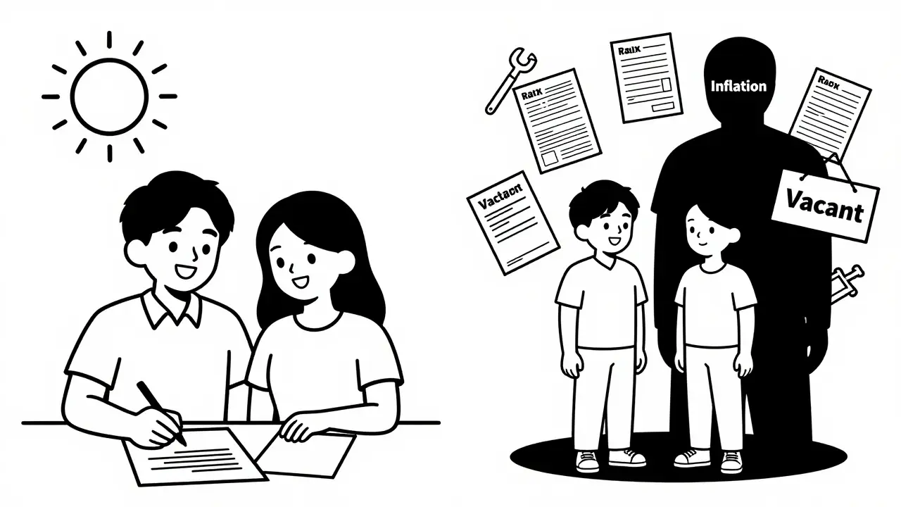 Разделённая сцена: радостная покупка ипотеки vs. давление расходов и пустой аренде.