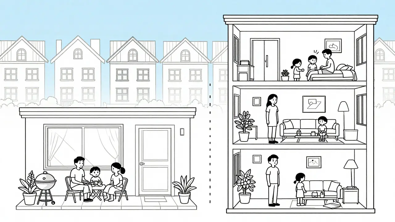 Семья на террасе таунхауса и внутри дома на разных этажах, показана общая стена.