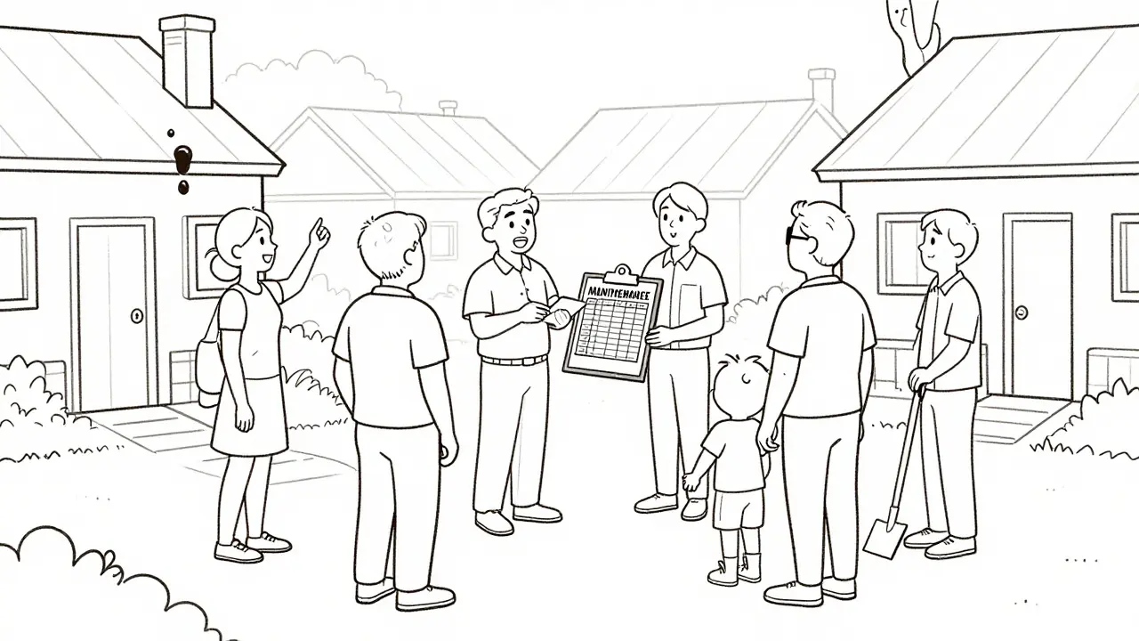 Соседи обсуждают ремонт крыши во дворе таунхаусного комплекса, ребёнок играет рядом.