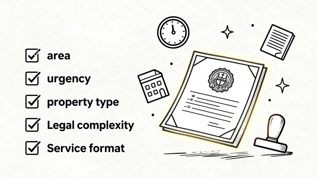 Список факторов стоимости оценки в виде иконок вокруг официального документа с печатью Росреестра.