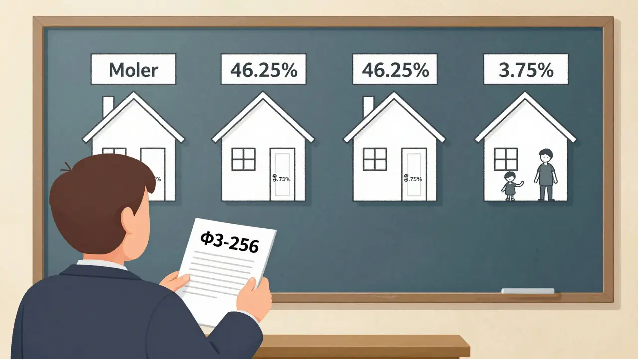 Судебный зал с домами, разделёнными на доли для каждого члена семьи, включая детей.