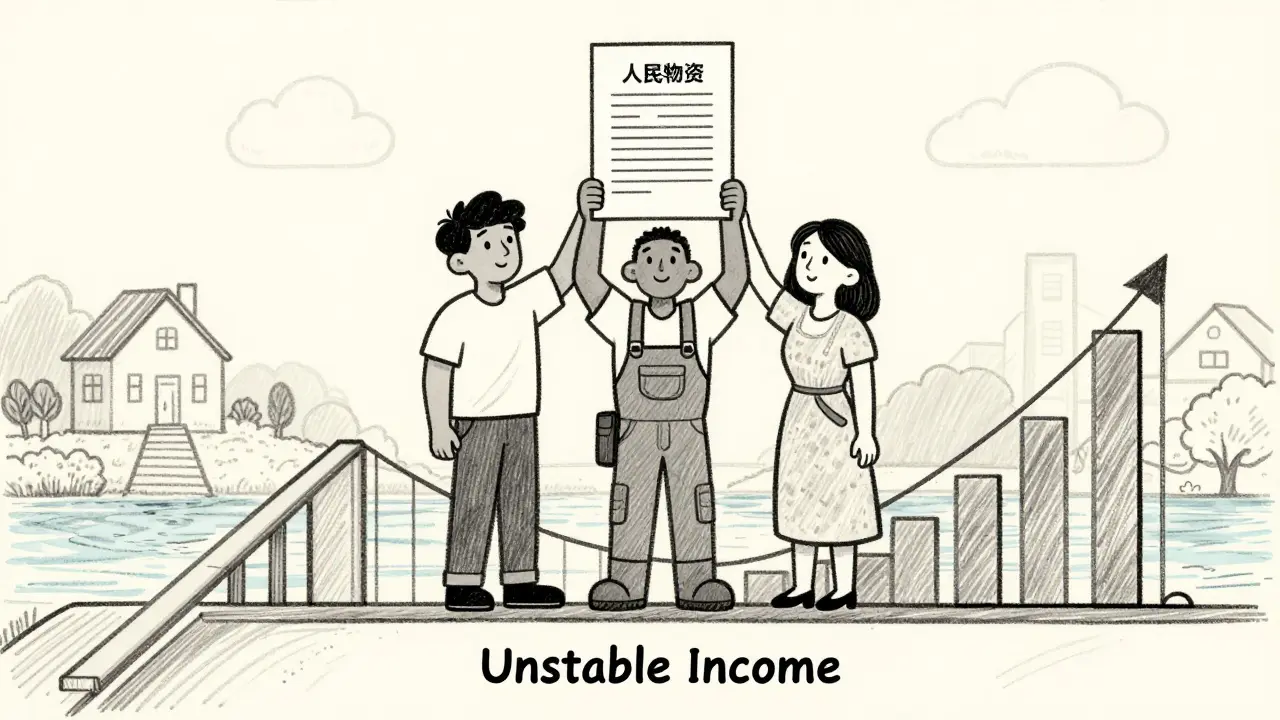 Три самозанятых на мосту из стабильных доходов, с домом вдали и рекой нестабильных платежей внизу.