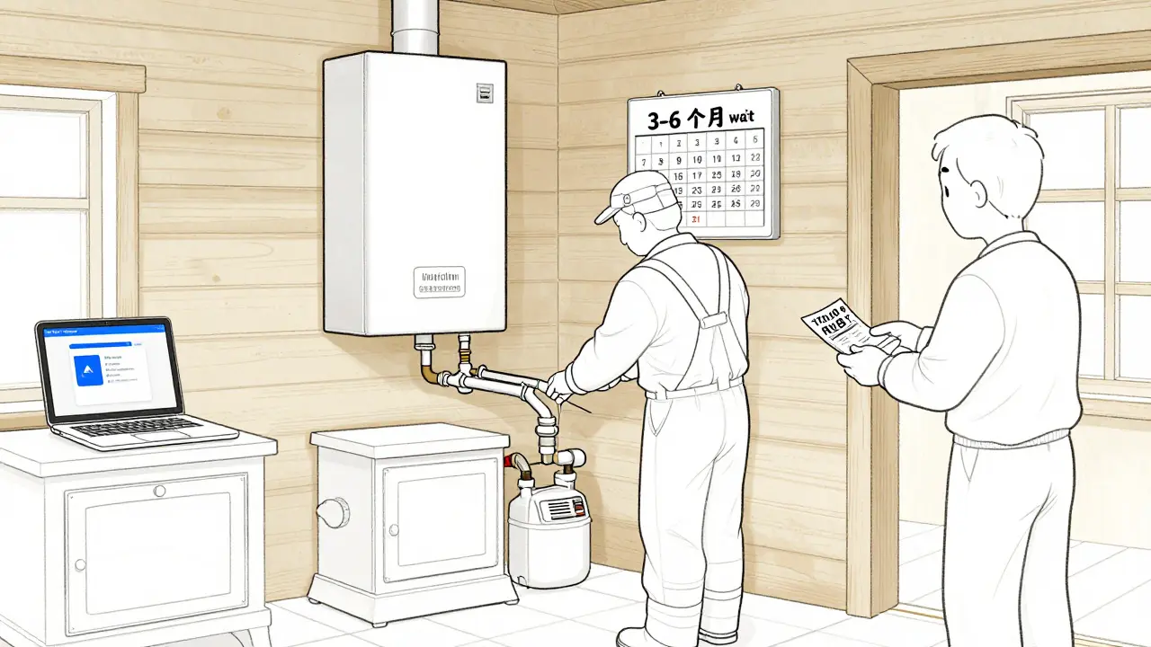 Внутри дома монтажник опломбирует газовый счётчик, на стене — котёл и кухонная плита, на экране планшета — статус подключения.