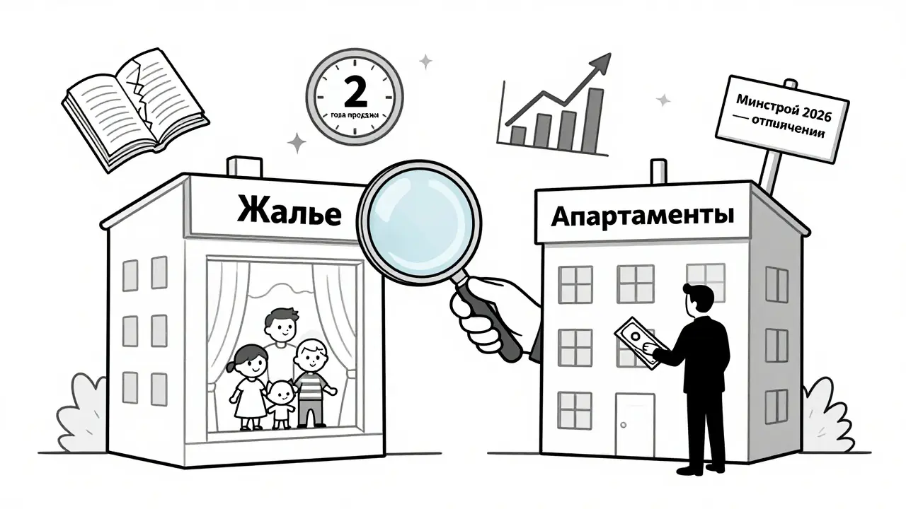 Агент с лупой сравнивает квартиру и апартаменты, вокруг — риски: закон, долгая продажа, рост ставок и будущие ограничения.