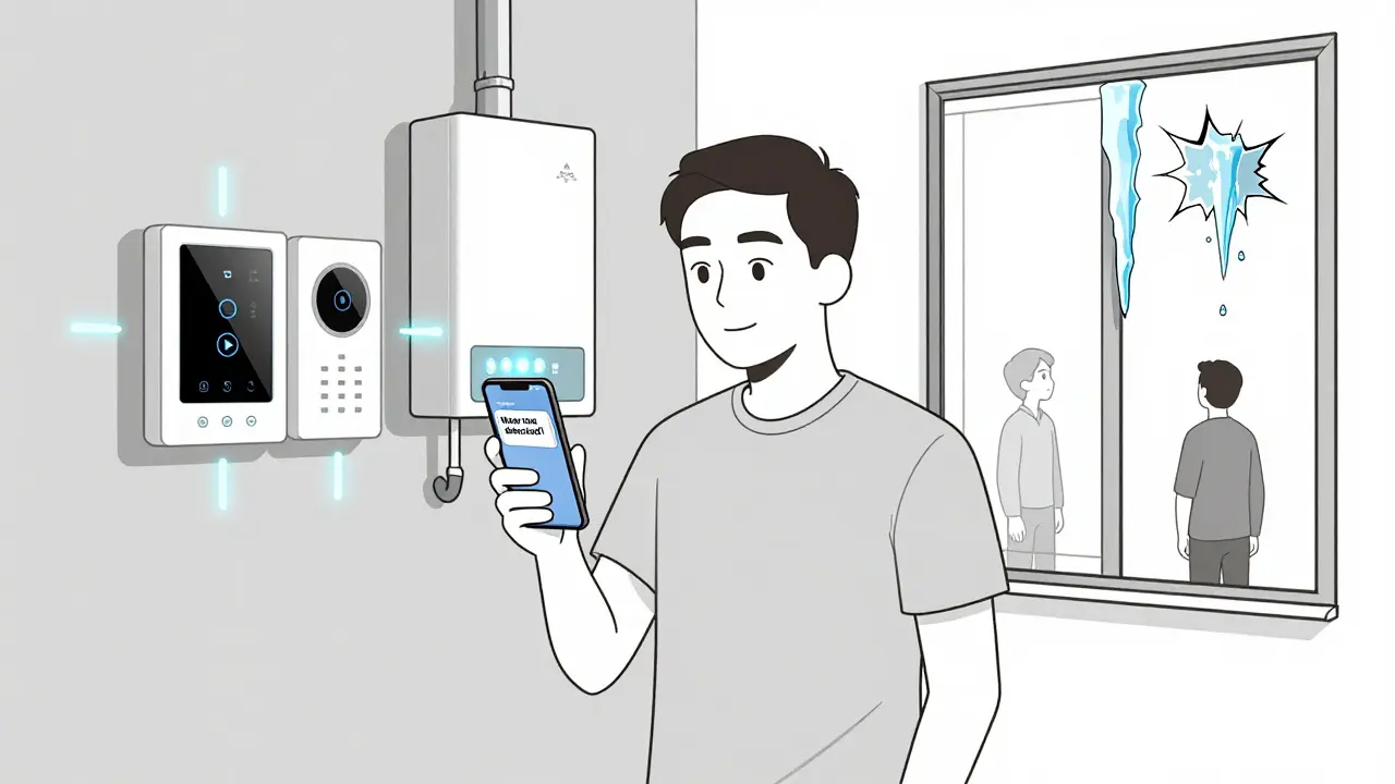 Человек смотрит на уведомление о протечке в умном доме, рядом сенсоры и котел.