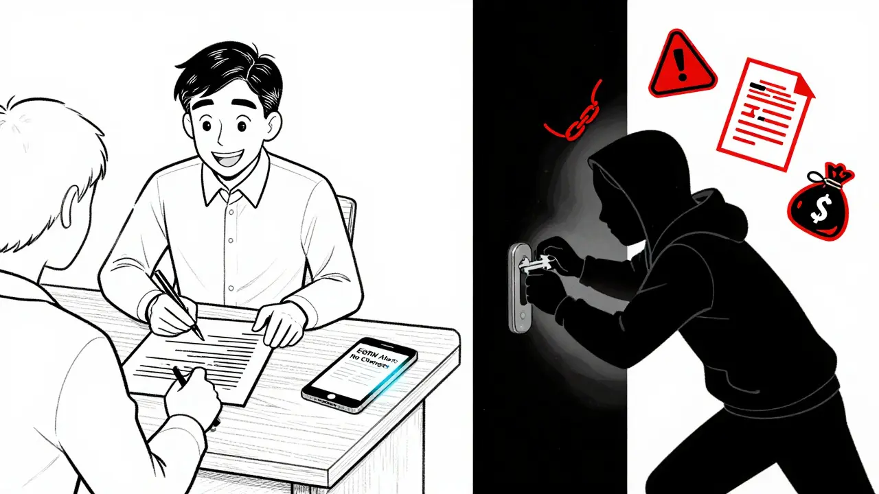 Честный договор подписывается рядом с уведомлением о защите, в то время как мошенник пытается вскрыть дверь.