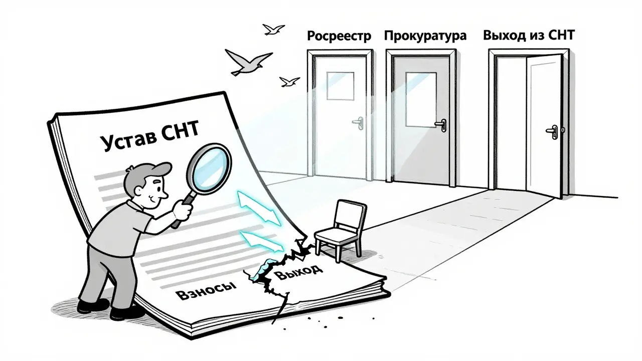 Дачник с лупой изучает поврежденный устав СНТ, три пути к правам: Росреестр, прокуратура, выход.