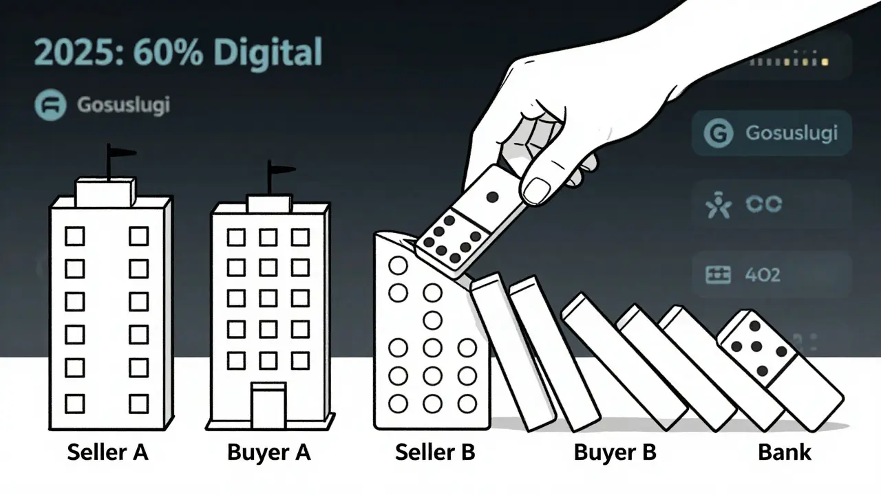 Домино из пяти квартир падает, одна остановлена, на фоне — цифровой интерфейс с иконками госуслуг.