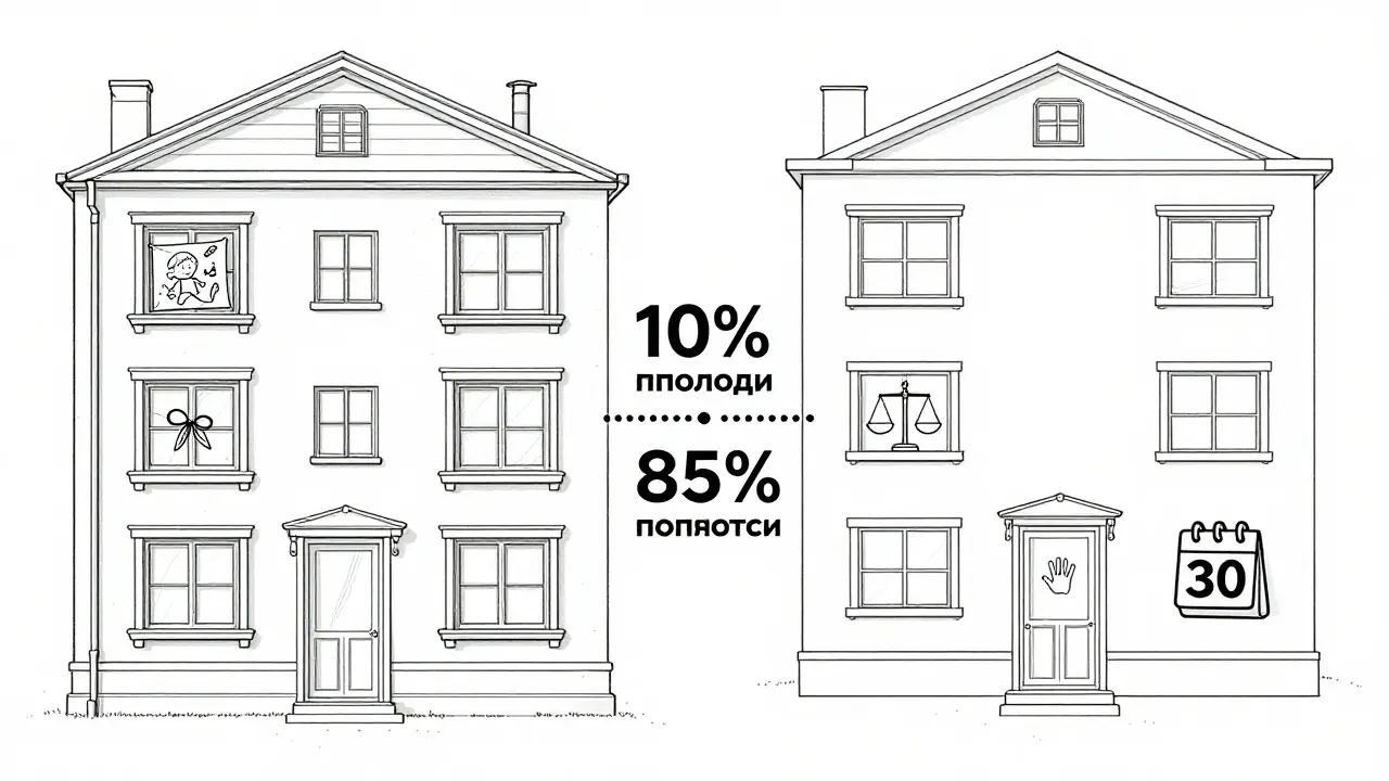 Два дома — старый и новый — с метками площади и стоимости, соединённые линией, символизирующей требования к замене жилья.