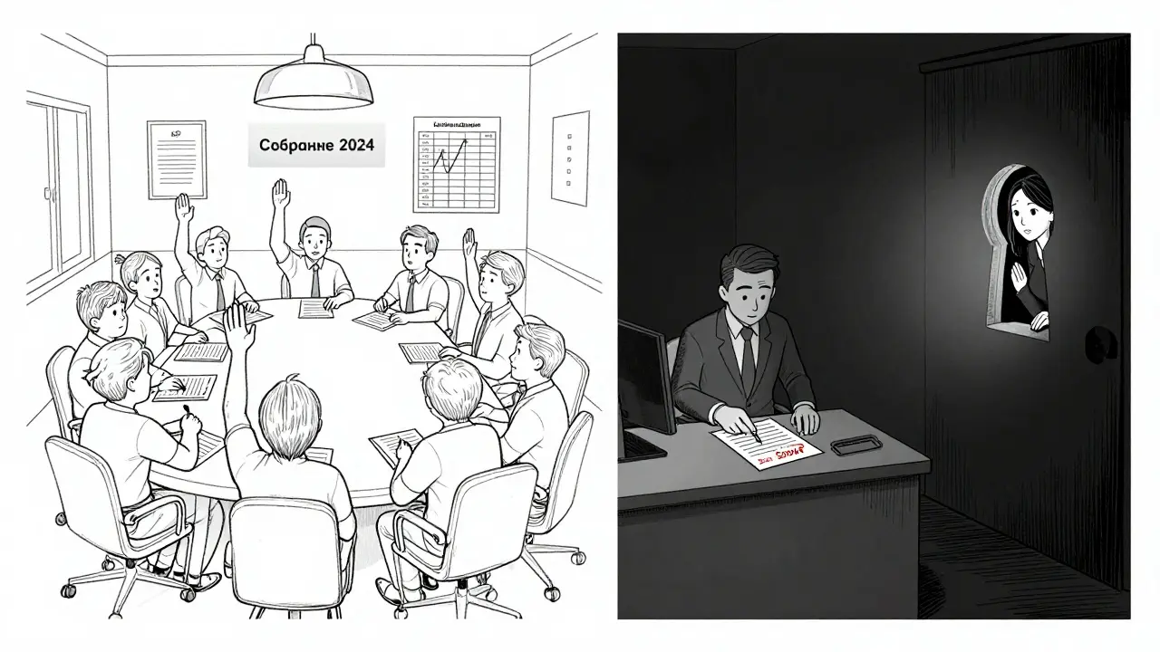 Два сценария: честное собрание с протоколами и мошенничество с фальшивыми взносами 5000₽.