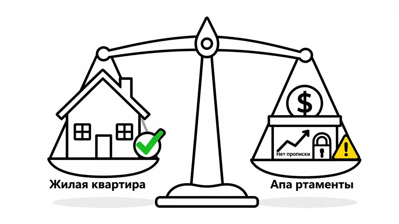 Финансовые различия: низкие налоги и коммуналки для квартиры против высоких расходов для апартаментов.