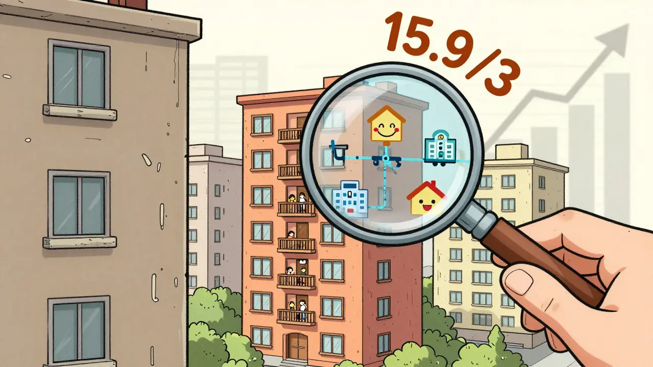 Контраст между заброшенной квартирой на окраине и прибыльной в центре города с ключевыми удобствами.