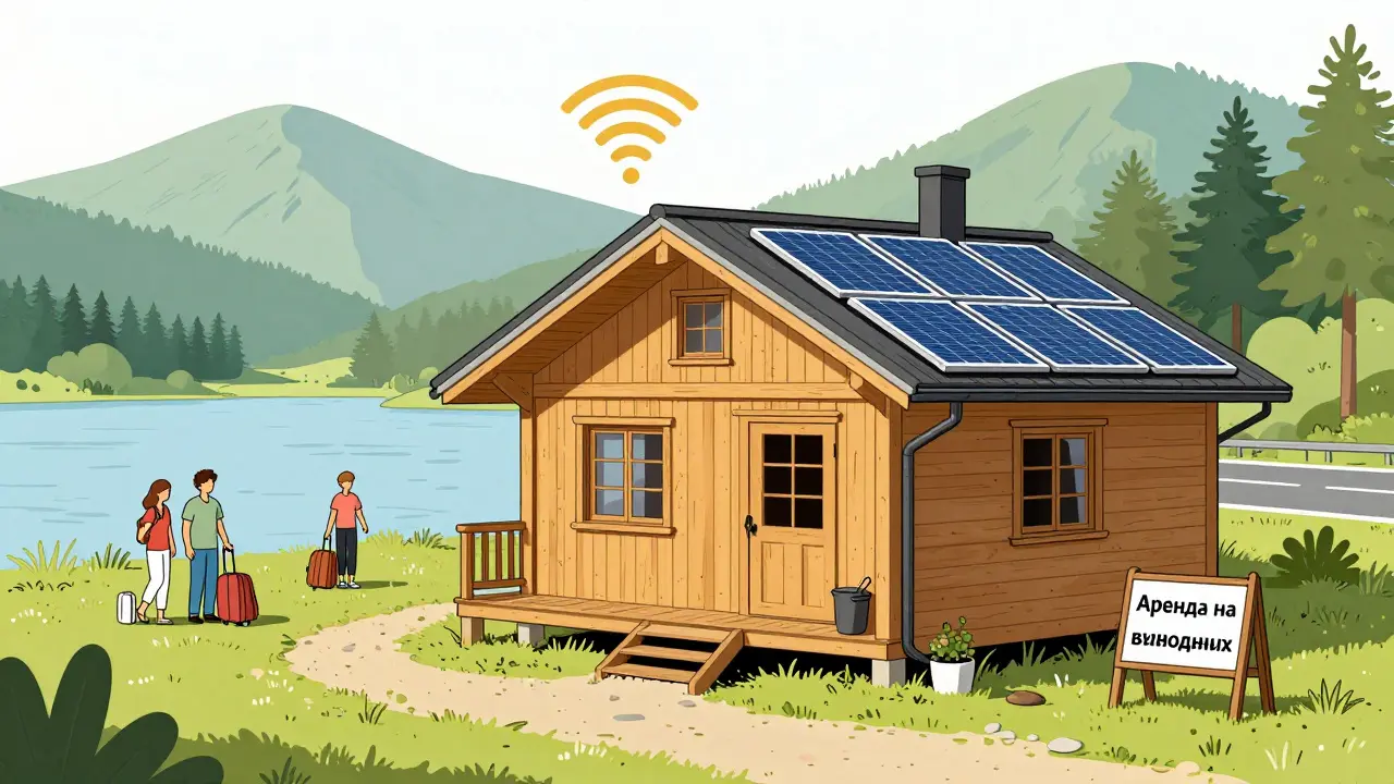 Коттедж у озера с отдыхающими и знаком аренды, иллюстрирующий популярность краткосрочной аренды.