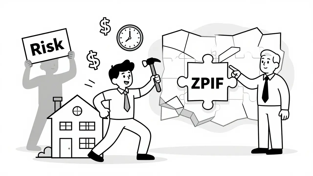 Молодой инвестор ремонтирует квартиру для перепродажи, рядом — риски и альтернатива через ЗПИФ.