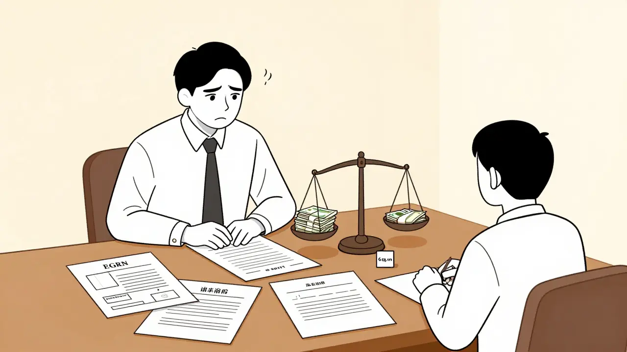 Нотариус проверяет документы при продаже доли, на столе отказы собственников.