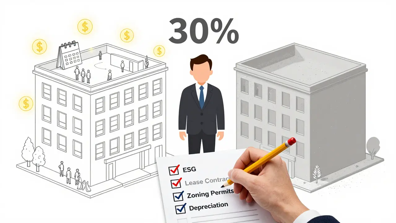 Одинаковые здания с разной стоимостью: одно с арендаторами и доходом, другое пустое — разница в 30%.