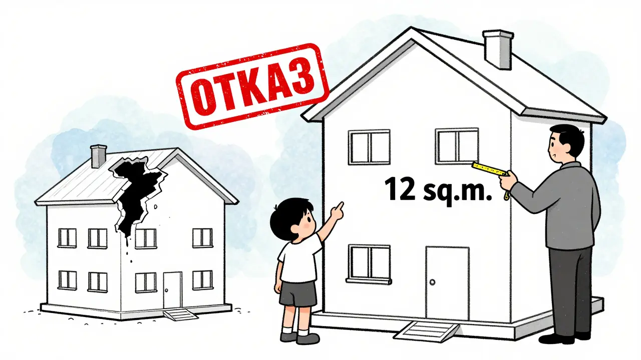 Ребёнок сравнивает площади старой и новой квартиры, чиновник измеряет квадратные метры.