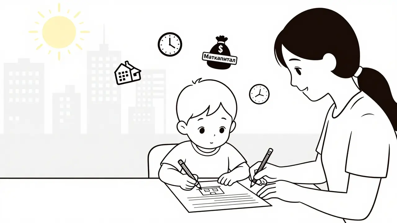 Ребёнок в детском саду, родитель подписывает договор, над головой — печать материнского капитала, символы образования и финансов.