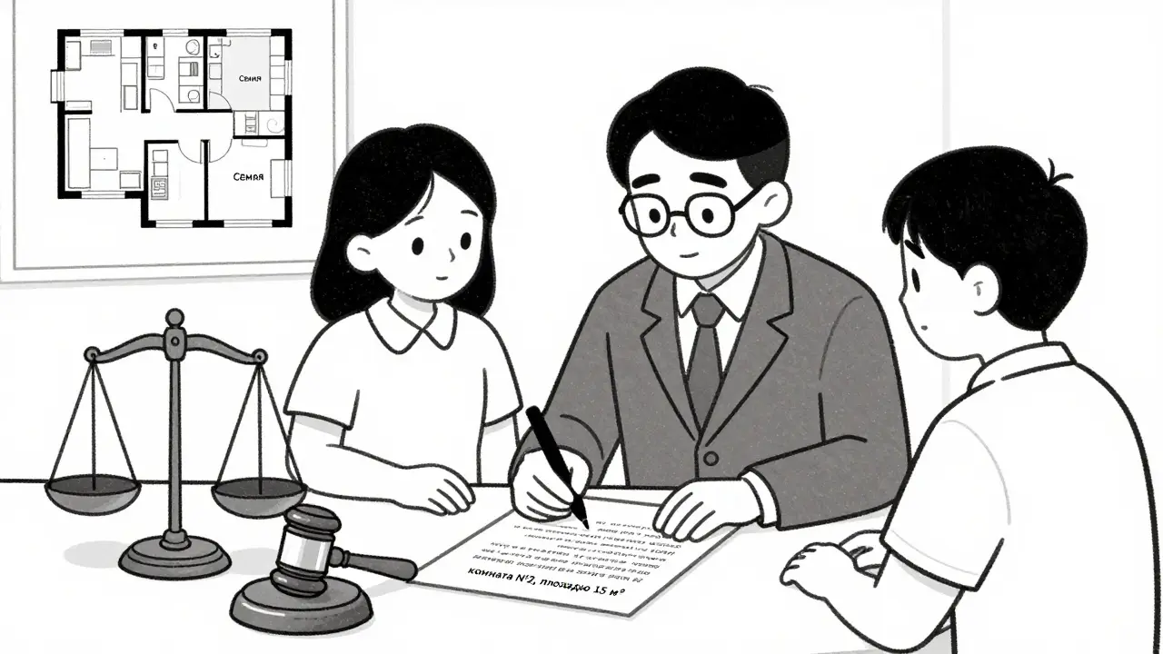 Семья подписывает договор с указанием конкретной комнаты у нотариуса.